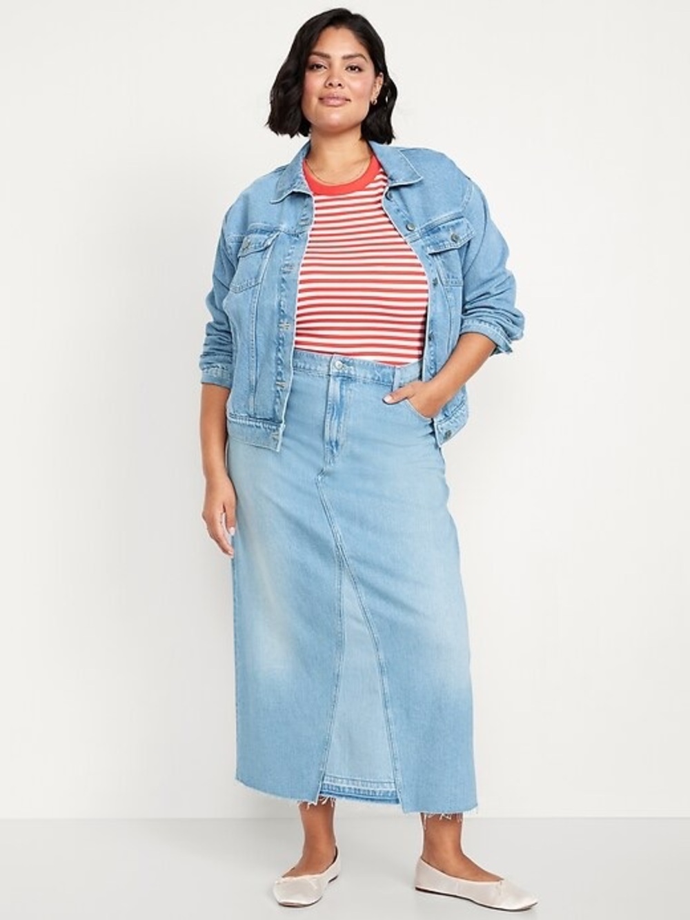Old Navy Light Blue Denim Maxi Skirt with Panel and Back Slit XL 14
